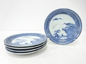 古伊万里　染付　山水　七寸皿　5客揃